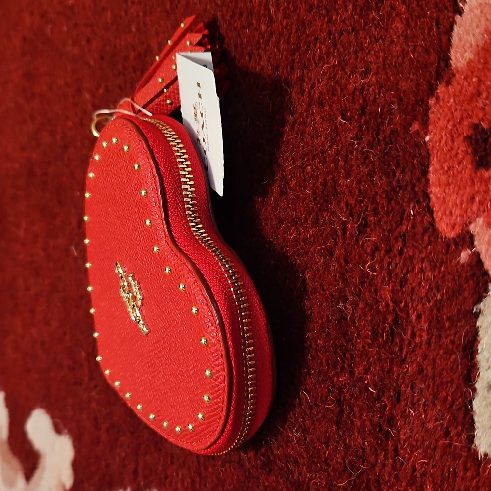 Coach Edge Studded Heart Coin Case Zip Close Crossgrain Leather Red Goldtone NWT - Picture 6 of 15